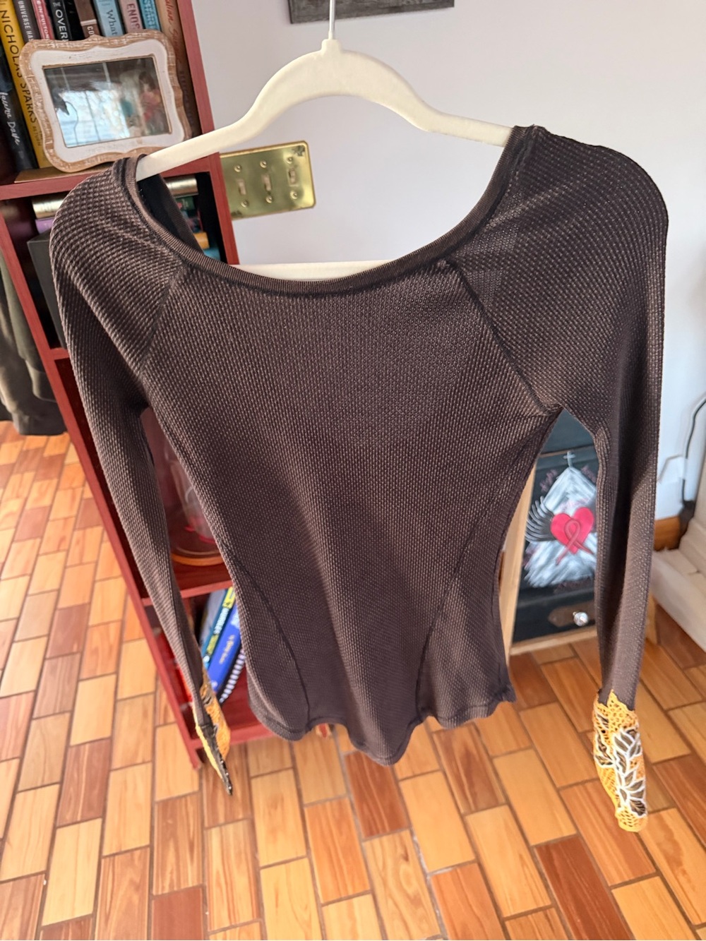 Free People Black Long Sleeve Scoop Neck Top with Gold Lace Cuffs